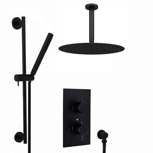 ENKI SH0369 Naples Thermostatic Concealed Slider Rail Kit, Matt Black | Solid Brass, 10-Year Guarantee, Anti-Limescale Nozzles, Swivel Spout, Stainless Steel, Rainfall Shower Head, Handset & Hose