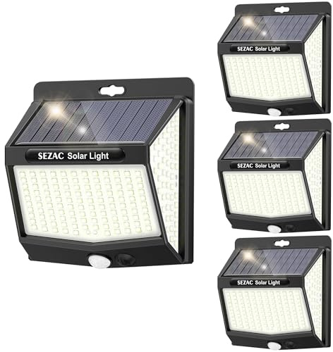 SEZAC Luz Solar Exterior [4 Paquete/3 Modes] 270° Súper Brillante Focos Led Exterior Solares con Sensor de Movimiento, IP65 Luces Solares Led exterior Jardin para Garajes, Caminos, Puertas Delanteras