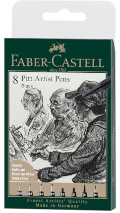 FABER-CASTELL 167158 - Tuschestift Pitt Artist Pen, Farbe 199, schwarz, XXS, S, F, M, B, C, 1.5, Fude hard, 8er Etui