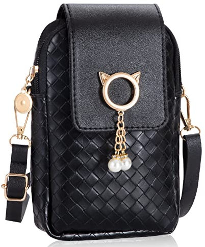QH-Shop Handy Umhängetasche Damen Handytasche Zum Umhängen Mädchen Süße Katze Klein Pu Leder Crossbody Tasche con Verstellbar Schultergurt Schwarz