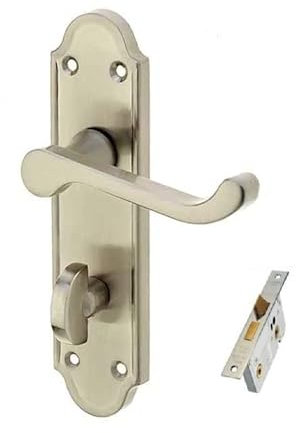 Golden Grace Ashworth Ashford Style Bathroom Door Handle in Satin Nickel Finish with Bathroom Mortise Lock Set - 170mm x 40mm