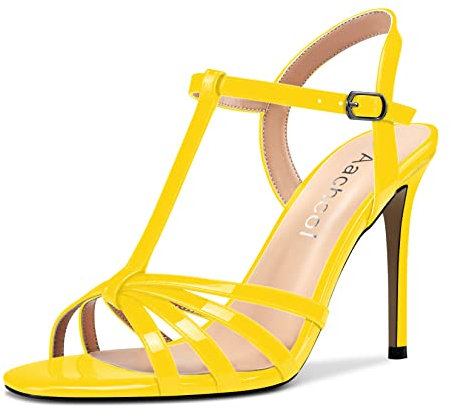 Aachcol Donna T-strap Sandali Spillo Alto High Tacco Heel Aperte sulla Punta Slingback Cinturino alla Caviglia Scarpe 10 CM Giallo Verniciata 43 EU