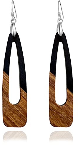 Fiklon Wood Earrings for Women, Wooden Earrings Dangle Brown Black Round Geometric Simple Lightweight Resin Drop Statement Earrings (A-Long Dangle-Black)