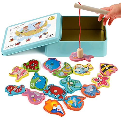 Giocattoli di Legno Gioco di Pesca, Vittse Giochi Montessori Bambini 2 Anni Gioco di Pesca Magnetico, Bambino in Legno Educativo Giocattoli, Giochi per Bambini per Sviluppo (Blu)