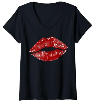 Damen Rote Lippen, knallpinke Lippen, Lippenstift, Kiss Lips, für Mädchen T-Shirt mit V-Ausschnitt