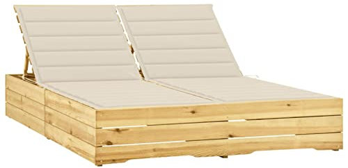 Homgoday Doppel-Sonnenliege mit Kissen in Creme aus imprägniertem Kiefernholz, Stühle für den Außenbereich, Esszimmerstühle für Garten, Gartenmöbel, Terrassenmöbel I5