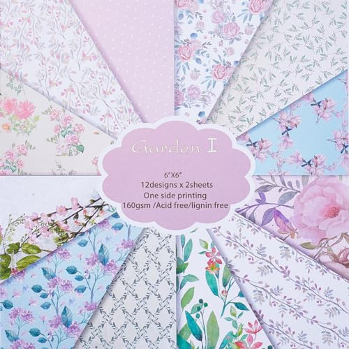 CRASPIRE 24 Sheets Floral Scrapbook Paper Pad 12 Style 6In Vintage Flower Single-Side Cardstock Background Border Origami Paper for Holiday Journal Decorative Greeting Card Making Craft