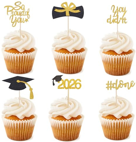 ALEGRE finish tårtdekoration svart guld, 24 stycken examen cupcake toppers 'So Proud of You tårtdekoration, You Did It tårtdekoration, tårtdekoration, dekoration för avslutning, dekoration 2025