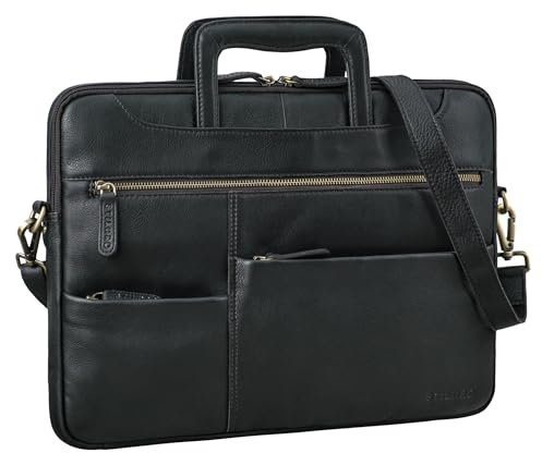 STILORD Farleigh 15,6 tum laptopväska läder med handtag axelväska män arbete resor affärsväska smalt äkta läder laptopfodral med axelrem och handledsrem, svart, Medium