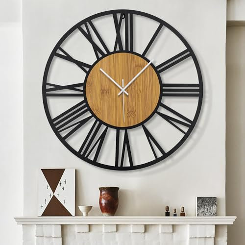 HAITANG Orologio da parete rotondo in legno nero da 50 cm per la decorazione del soggiorno, numeri romani vintage, orologi da appendere silenziosi senza ticchettio, per casa, giardino, ufficio,