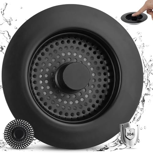 iFealClear Upgraded Stainless Steel 3-in-1 Kitchen Drain Stopper & Strainer Set, Replacement for Food Waste Catcher, Odour-Proof, Fit Sink Holes' Diameter of 75-82 mm, Depth > 28 mm, Black