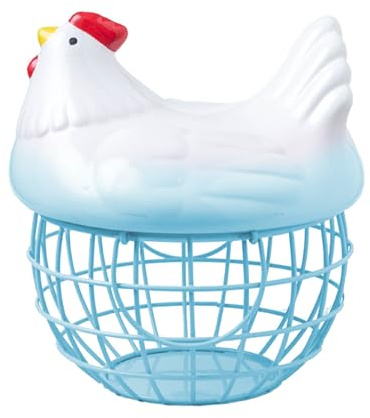 Chicken Egg Basket, Ceramic Egg Storage Basket, Ceramic Chicken Shaped Lid Iron Basket Egg Holder, Organizer Case, Container Egg Basket Holder for Kitchen, Countertop(Blue)