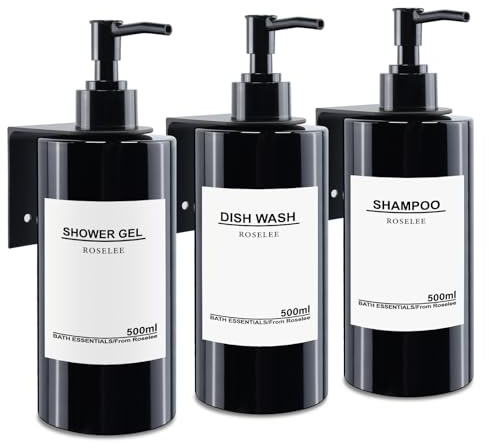 Roselee 3er Seifenspender Wandbefestigung Set 500ml Seifenspender Wand Schwarz Seifenspender Ohne Bohren Kunststoff Pumpspender mit Trichter und Wasserdichten Etiketten Shampoo Spender für Küche Bad