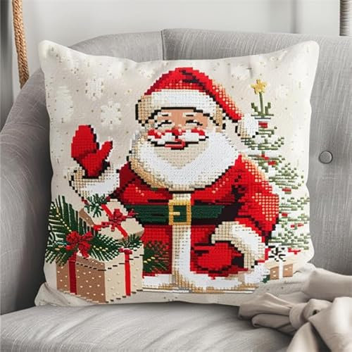 kitphoenix Knüpfkissen Set Weihnachten Latch Hook Kissen Kit für Kinder oder Anfänger Erwachsene zum Selber Knüpfen, DIY Knüpfteppich Knüpfpackung, Knüpfhaken Set 43 x 43 cm
