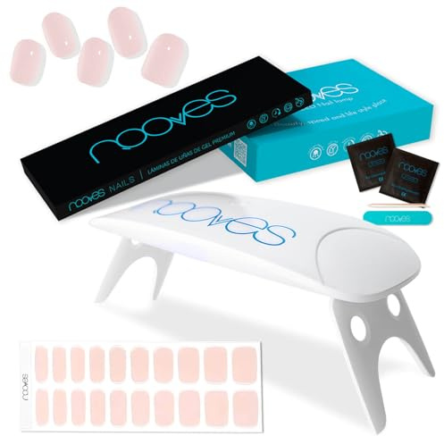 NOOVES - Set Strisce per Unghie in Gel Nude 20 Pezzi + Lampada UV/LED per Asciugatura, Unghie in Gel Semi-Curato Premium, Adesivi per Unghie Gel, Inclusa 1 Lima per Unghie