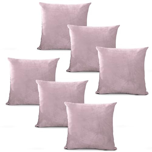 Hafaa Velvet Cushions with Covers Included Sets 12 (6 Pink Cushion Covers, 6 Cushion Inserts 45cm x 45cm) Luxury Decorative Fluffy Square Throw Pillow Case Sofa Cushion with Invisible Zipper