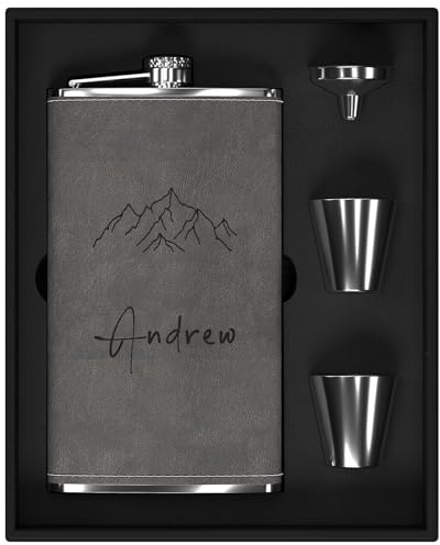 Flachmann Set mit Gravur der Berge, Flachmann Edelstahl Groß 12oz/355ml Personalisiert für Geburtstagsgeschenke, Personalisierte Geschenke für Männer Ihn Camper Wanderer (Grau)