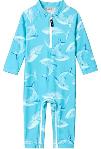 weVSwe Baby pojke baddräkt onepiece UPF 50+ långärmad pojke rash guard med stegdragkedja 0–3 år, Blå fisk, 6-12 månader