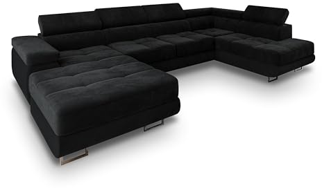 Masseno Ecksofa CASONE R-S mit Schlaffunktion U-Form, Sofa mit Bettkasten, Wohnzimmersofa, Couch, Soffa, Bettsofa, Couchgarnitur- Schwarz, Monolith 95