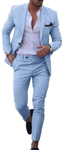 Conjunto de traje de lino para hombre, esmoquin casual, 2 piezas, blazer de ajuste regular, chaqueta y pantalones sólidos con un botón, para graduación, boda, fiesta, azul celeste, 64
