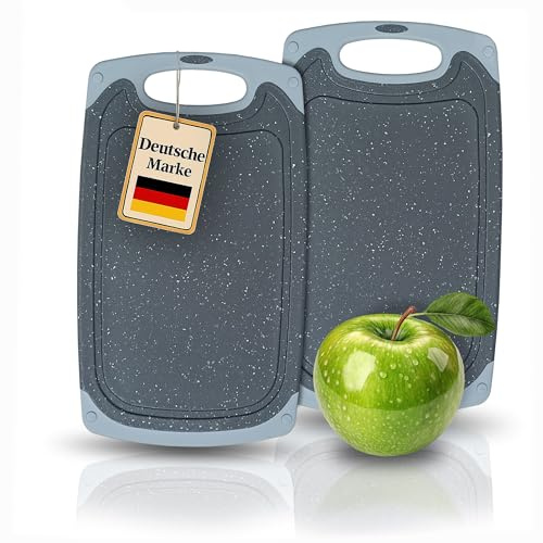 KPYTO 2 große Frühstücksbrettchen, 32 x 20, Schneidebrett 2-er Set, spülmaschinenfest, beidseitig, rutschfest mit Saftrille, schwarze Brettcchen mit grauem Rand, Brettchen, Brotzeitbrett