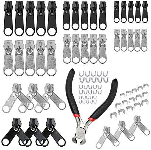 Reparationssats för dragkedjor, 85 delar, metallflikar, reparationssats med dragkedjestänger, för reparation av jeans, rockar, jackor, dragkedjor, silversvart
