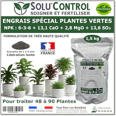 1,5 kg d' Engrais Spécial Plantes Vertes 6-3-6 - Croissance, Feuillage Dense & Vitalité - Formulation Organo-Minerale - Libération Lente - Convient Plantes Intérieur & Extérieur - Fabriqué en France