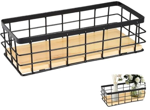 Drahtkorb,Metallkorb Schwarz Dekokörbe Haushalt Wandkorb Metall Badezimmer Aufbewahrungskorb Korb Metall Abnehmbarer Holzsockel für Obst Snacks Küche Speisekammer(1 Stück)