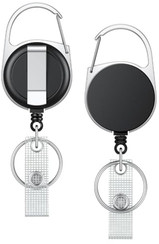 Uniclife 2 Pack Einziehbare Badge Reel für Ausweishalter Heavy Duty einziehbare Schlüsselanhänger Starke ABS-Gehäuse Schwarzer Schlüsselbund Verlängerer mit Karabinerhaken Gürtelclip und Schlüsselring