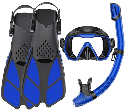 HH HHAO SPORT Schnorchelset Erwachsene mit Flossen,Schnorchelausrüstung in Reisegröße mit Kurzen Verstellbaren Schwimmflossen, Hochwertige Tauchermaske und Dry Top Schnorchel, mit Tragetasche