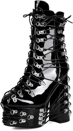 Veelau Meieer Damen Stiefeletten Plateau Schnürboots Blockabsatz Schnürstiefeletten mit D-Ringen Verzierter Schnürung
