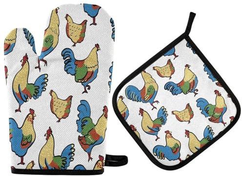 2pcs Oven Gloves And Pot Holders Set Chicken Birds Farm Mitts For Grilling Reusable Bbq Gloves For Cooking, Baking Barbecue, Grilling