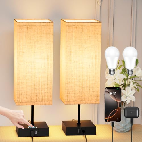 Miootly Bedside Lamps Set of 2, Table lamp for Living Room Bedroom, Touch Lamps with USB A+C Charging Ports, Dimmable Small Nightstand Lamp with Fabric Shade for Kids Room, Study, Dorm(Bulb Included)