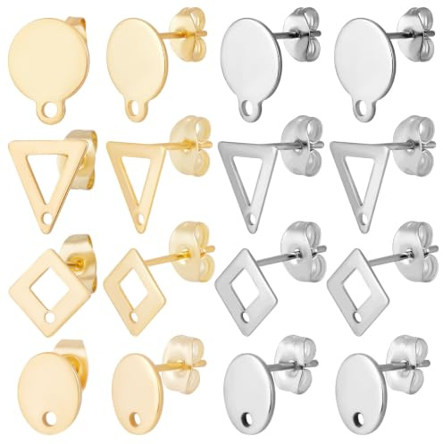 Beebeecraft 80 Pieza de 8 Estilos de Pendientes con Pasador Y Aro de Acero Inoxidable Chapado En Oro de 24 Quilates Planos Redondos Y Geométricos con Tuercas para Hacer Joyas