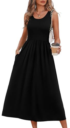 WIHOLL Black Dresses for Women Sleeveless Flowy Midi Dresses for Women Maxi Beach Vacation Spring Summer Dress Sundresses for Women Casual Wedding Guest Graduation Dress Solid Black M