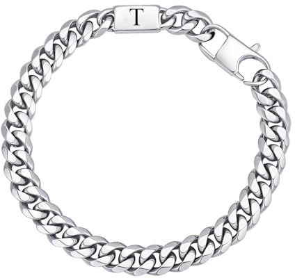 Gamtic Herren Armband Edelstahl Panzerkette mit Buchstaben A-Z | Silber Buchstaben Armband für Männer Jungen, Kubanische Armbänder 8mm Breite 21cm Länge Geschenke für Ehemann Sohn