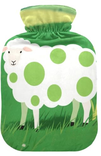 Wärmflasche mit weichem Bezug, Cartoon-Motiv, niedliches grünes Punkt, weißes Schaf, 1 l Wärmertasche für Arthritis