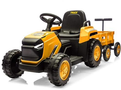 Tractor eléctrico infantil 12 V, con remolque extraíble, 3 velocidades, doble motor, con control remoto, coche eléctrico para niños con faros LED, música, bocina para niños de 3 a 8 años
