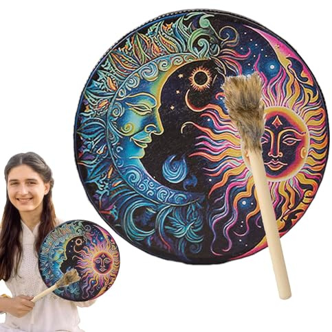 Tamburi a mano per adulti, tamburo sciamanico a mano in pelle PU, strumenti sciamanici rotondi di grande, martelletto in legno vintage incluso forniture di musica spirituale per la casa