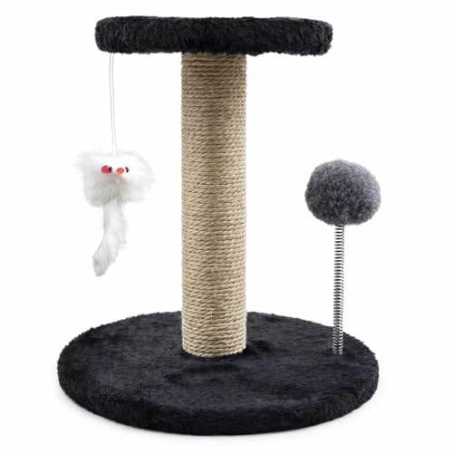 Greenfields Indoor Cat Scratching Post with Sisal Rope, Plush Wooden Base, Interactive Hanging Toys, Feather Teaser & Ball Track, Compact Cat Activity Centre for Furniture Protection