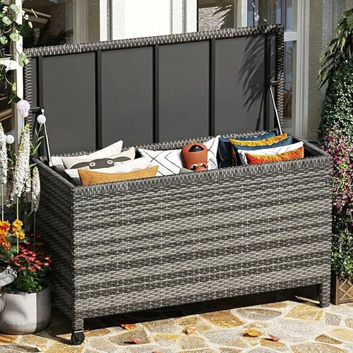 Wicker Deck Box, 125 Gallon All-Weather Outdoor Storage Box, Rattan Storage Bin for Patio Furniture, Outdoor Cushions, Pool Storage and Garden Tools, Grey