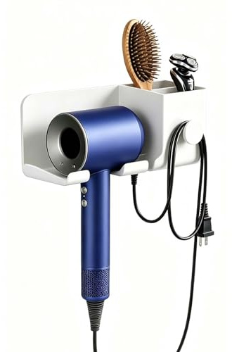 Kaiyzo Multifunctional Hairdryer Holder Wall Mounted with Storage Box No Drilling Bathroom Hairdryer Stand Hair Accessories Organiser Space Saving Wall Storage Bathroom Organiser 23 x 9 cm (white)