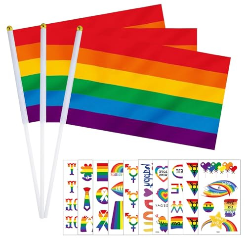 RVYEIOP Pack de 20 Banderas de Mano LGTBIQ+ Arcoíris (10x15cm) y 10 Pegatinas Pride, Mini Banderas del Orgullo para Decoración de Desfiles, Fiestas y Eventos del Mes del Orgullo Gay