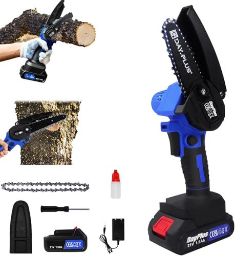 Motosierra eléctrica con batería de 21 V, con baterías, 6 pulgadas, color azul, sierra de mano, sierra de mano con cerradura de seguridad para jardinería, poda de árboles, corte de madera