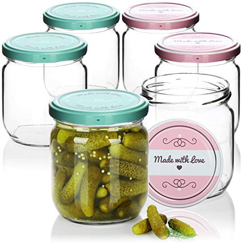 com-four® 6x Einmachgläser mit Schraub-Deckel Made with love in grün und rosa - TO Ø 82 mm - empfohlene Füllmenge ca. 330 ml - bis Glasrand: ca. 425 ml