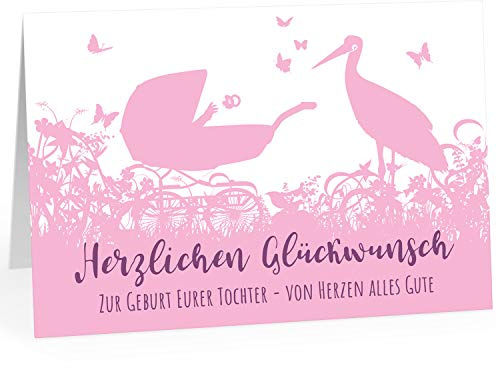 Große Design Glückwunsch-Karte XXL (A4) zur Geburt, Motiv: Storch schiebt Kinderwagen - Rosa Tochter/mit Umschlag/Edle Klappkarte/Maxi Gruß-Karte/Baby geboren/Gratulation Eltern