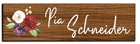 Holz Türschild mit Namen für die Haustür | Namensschild Briefkasten-Schild selbstklebend oder mit Bohrlöcher Klingelschild mit kratzfestem UV Druck | Größe 7x2 cm bunte Türschilder