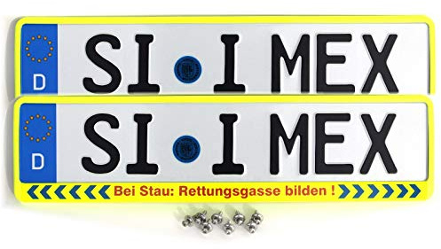 2 x i-mex Kennzeichenhalter | Bei Stau: RETTUNGSGASSE BILDEN | NEON-GELB | inkl. 8 x Befestigungsschrauben A2 | Nummernschildhalter | DHL-Versand