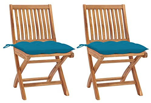 vidaXL 2X Teak Massiv Gartenstuhl mit Hellblauen Kissen Klappbar Holzstuhl Stuhl Stühle Klappstuhl Gartenstühle Terrasse Balkon Gartenmöbel