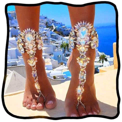 Woeoe Bracelet de cheville en strass argenté avec perles pour pieds nus - Bijoux pour femmes et filles, 23+9 centimeters, Strass Alliage Cristal, Cristal